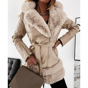 Winter Tie Belt Faux Fur Jackets Women Fashion Turn Down Collar Coats Women Elegant Solid PU Leather Jackets Female Ladies