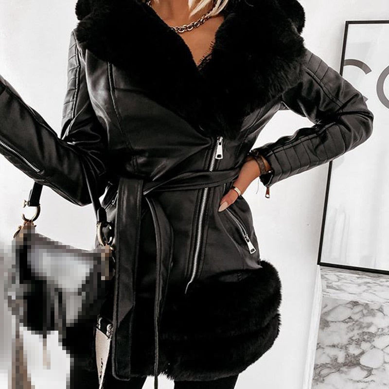 Winter Tie Belt Faux Fur Jackets Women Fashion Turn Down Collar Coats Women Elegant Solid PU Leather Jackets Female Ladies