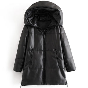 Winter Zipper Solid Black Parkas Women Fashion Hooded Long Coats Women Elegant Loose PU Leather Cotton Jackets Female Ladies