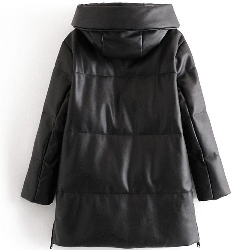 Winter Zipper Solid Black Parkas Women Fashion Hooded Long Coats Women Elegant Loose PU Leather Cotton Jackets Female Ladies