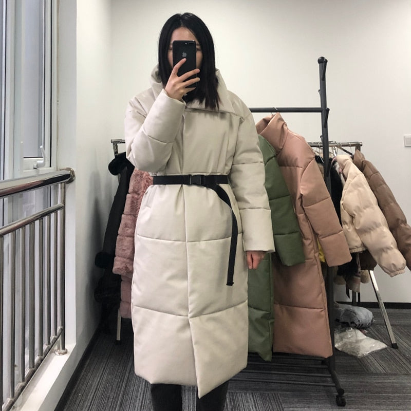 Winter Warm Leather Parkas Women Fashion Straight Loose Pockets Coats Women Elegant Long Cotton Jackets Female Ladies