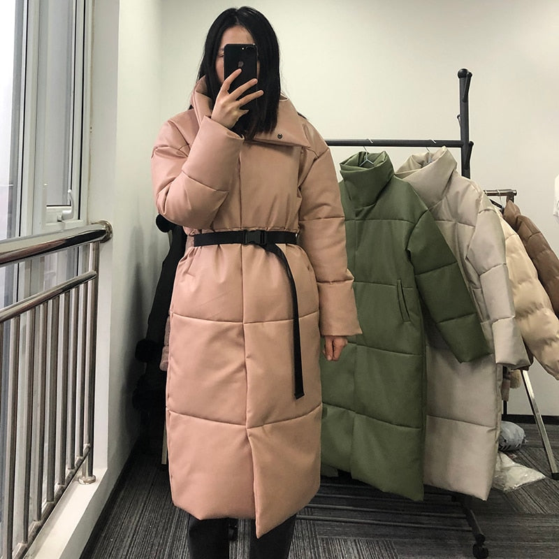 Winter Warm Leather Parkas Women Fashion Straight Loose Pockets Coats Women Elegant Long Cotton Jackets Female Ladies