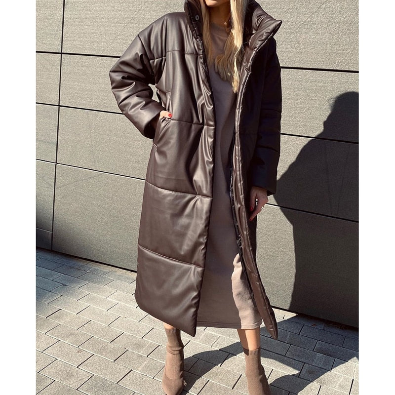 Winter Warm Leather Parkas Women Fashion Straight Loose Pockets Coats Women Elegant Long Cotton Jackets Female Ladies