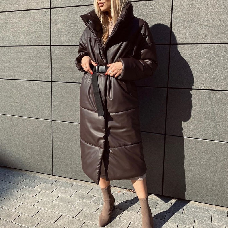 Winter Warm Leather Parkas Women Fashion Straight Loose Pockets Coats Women Elegant Long Cotton Jackets Female Ladies