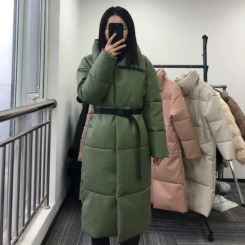 Winter Warm Leather Parkas Women Fashion Straight Loose Pockets Coats Women Elegant Long Cotton Jackets Female Ladies