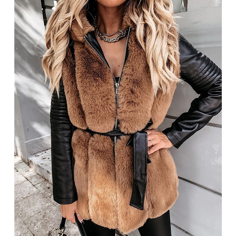 Winter Warm Rabbit Faux Fur Coats Women Fashion Slim Hooded Jackets Women Elegant Tie Belt Leather Fur Coats Female Ladies