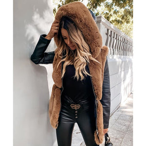 Winter Warm Rabbit Faux Fur Coats Women Fashion Slim Hooded Jackets Women Elegant Tie Belt Leather Fur Coats Female Ladies