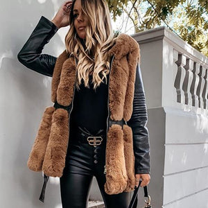 Winter Warm Rabbit Faux Fur Coats Women Fashion Slim Hooded Jackets Women Elegant Tie Belt Leather Fur Coats Female Ladies