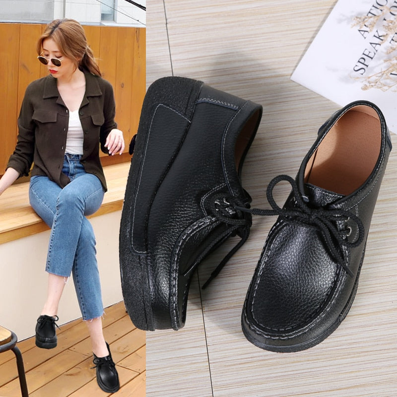 Women Flats Comfortable Loafers Shoes Woman Breathable Leather Lace-up Sneakers Women Fashion Black Soft Casual Shoes Female