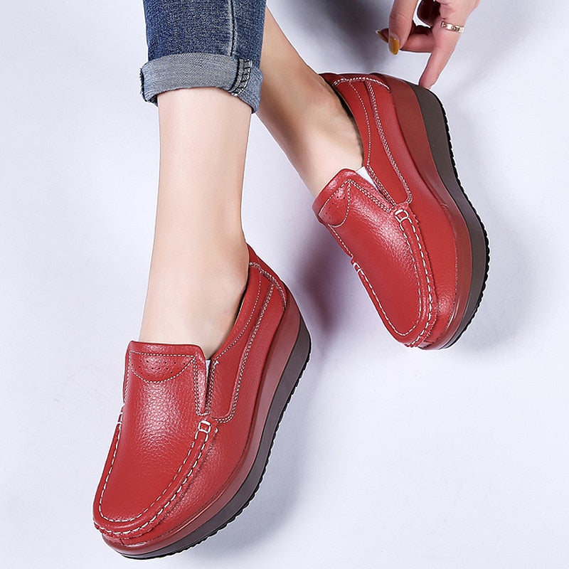 Women Flats Platform Shoes Women Elegant Genuine Leather Shoes Woman Autumn Slip On Casual Flat Shoes Women Zapatos De Mujer