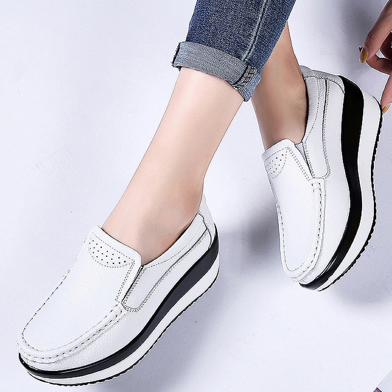 Women Flats Platform Shoes Women Elegant Genuine Leather Shoes Woman Autumn Slip On Casual Flat Shoes Women Zapatos De Mujer