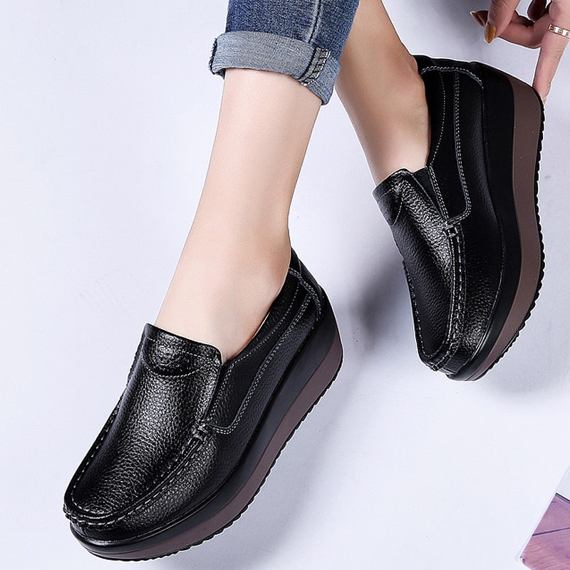 Women Flats Platform Shoes Women Elegant Genuine Leather Shoes Woman Autumn Slip On Casual Flat Shoes Women Zapatos De Mujer