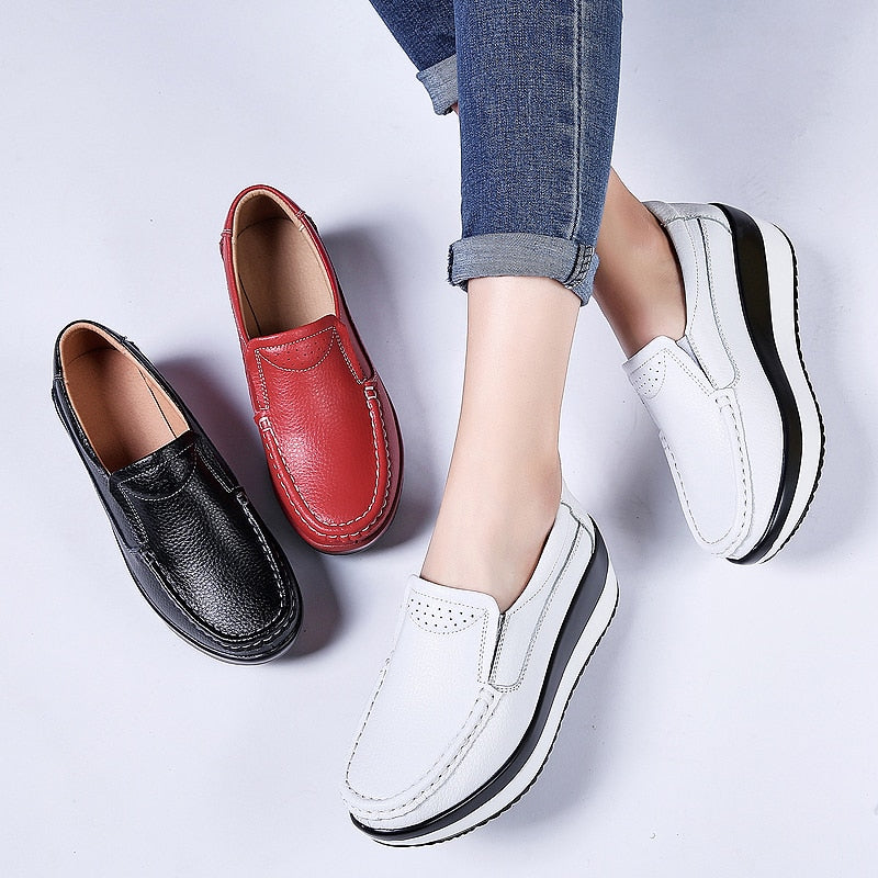 Women Flats Platform Shoes Women Elegant Genuine Leather Shoes Woman Autumn Slip On Casual Flat Shoes Women Zapatos De Mujer