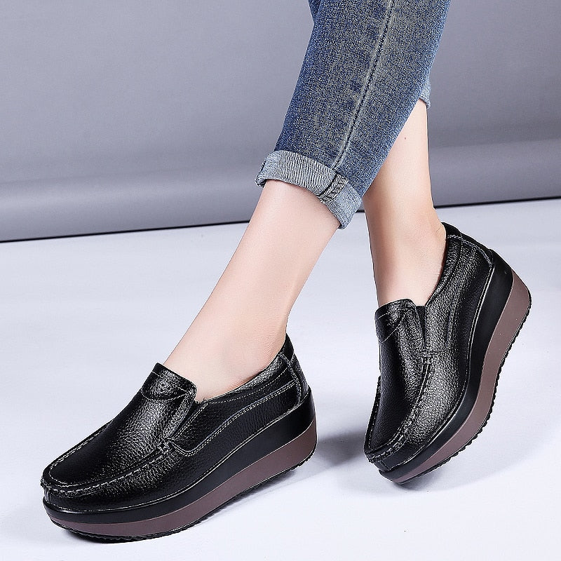 Women Flats Platform Shoes Women Elegant Genuine Leather Shoes Woman Autumn Slip On Casual Flat Shoes Women Zapatos De Mujer