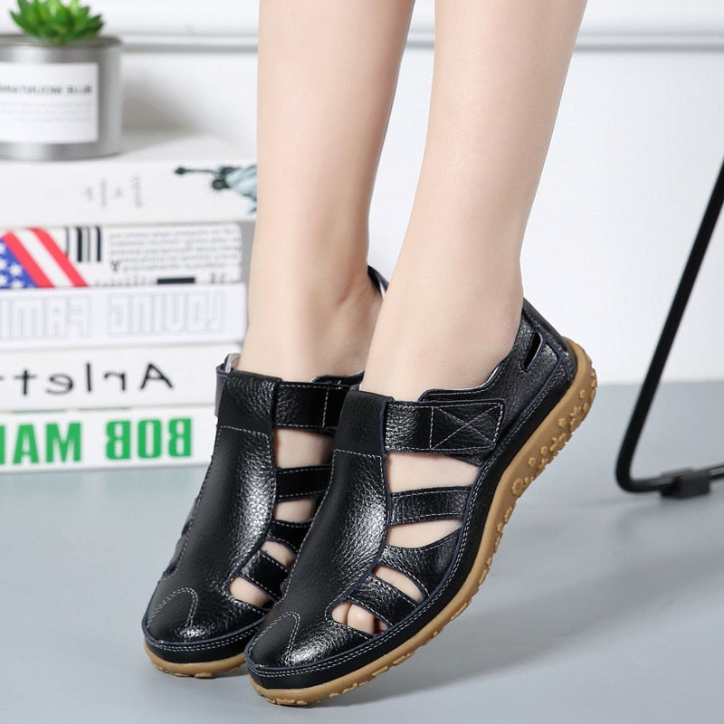 Women Gladiator Sandals Split Leather Summer Shoes Woman Hollow Out Flat Sandals Ladies Casual Soft Bottom Female Beach Sandal