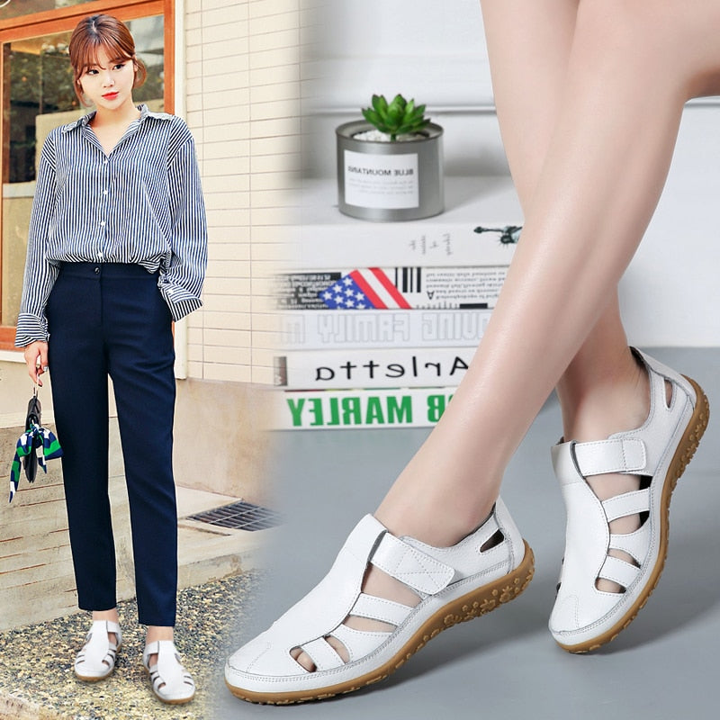 Women Gladiator Sandals Split Leather Summer Shoes Woman Hollow Out Flat Sandals Ladies Casual Soft Bottom Female Beach Sandal