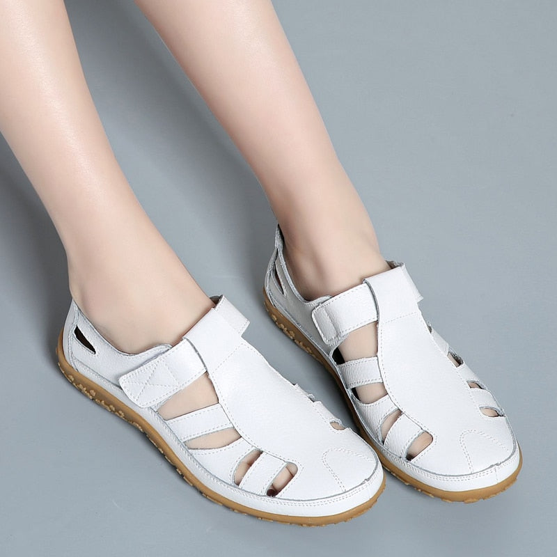 Women Gladiator Sandals Split Leather Summer Shoes Woman Hollow Out Flat Sandals Ladies Casual Soft Bottom Female Beach Sandal